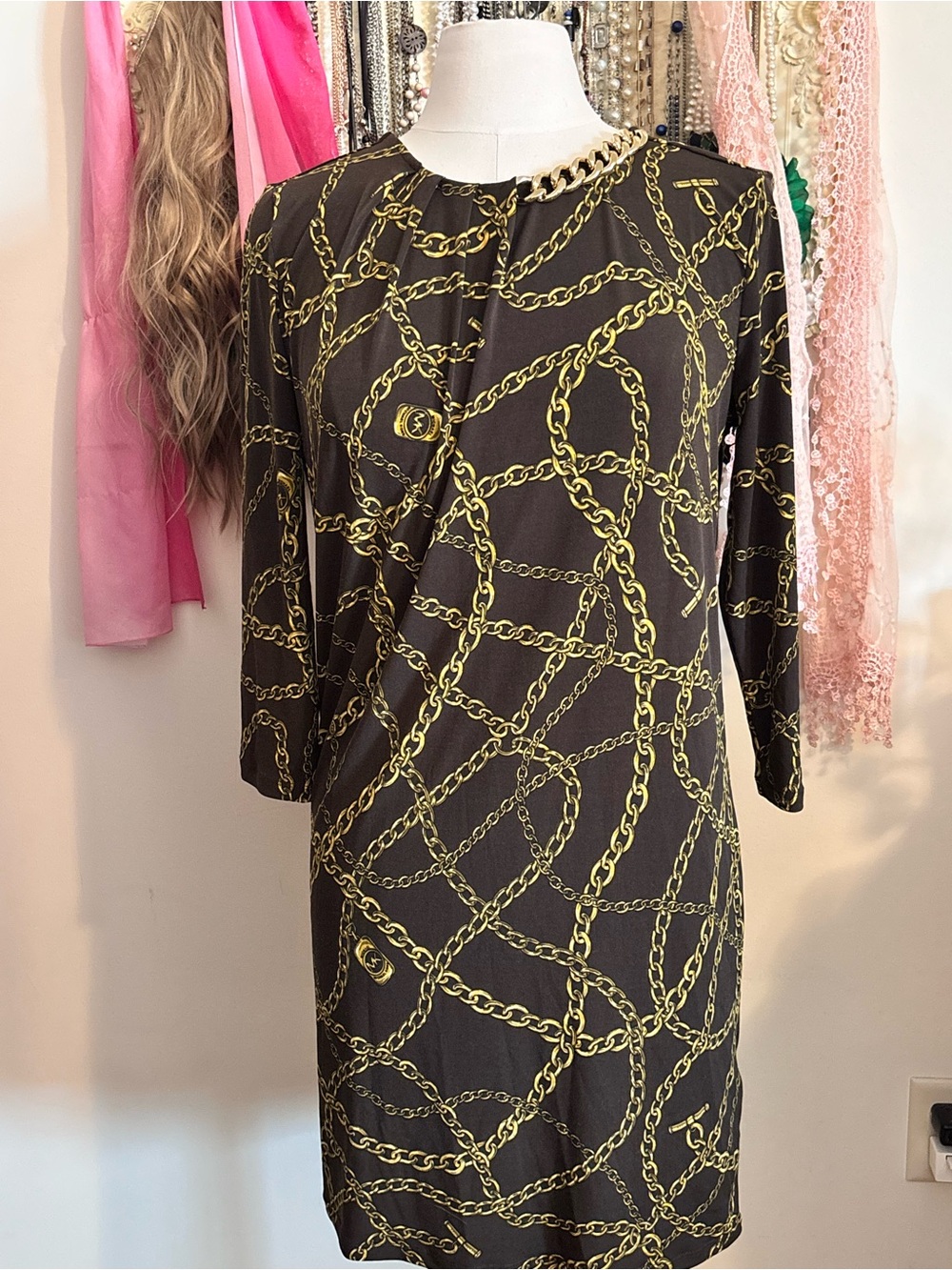 Michael Kors Black Gold Chain Link Matte Jersey Dress with Hardware Accent Sz S